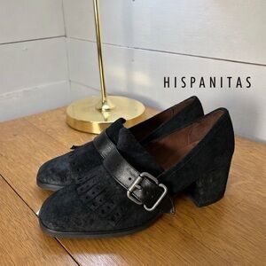 HISPANITAS BLACK SUEDE BLOCK HEEL LOAFERS – Size 38